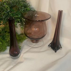Set of 3 plum purple glass vases